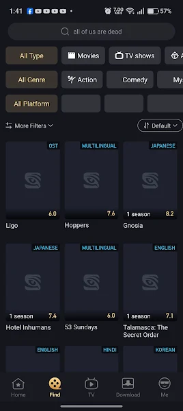 Tiger TV running on an Android device